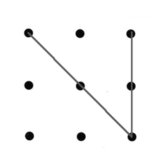 Grid of nine evenly-spaced dots with two stright line segments connecting the top-left dot to the bottom-right dot, then the bottom-right dot to the top-right dot.